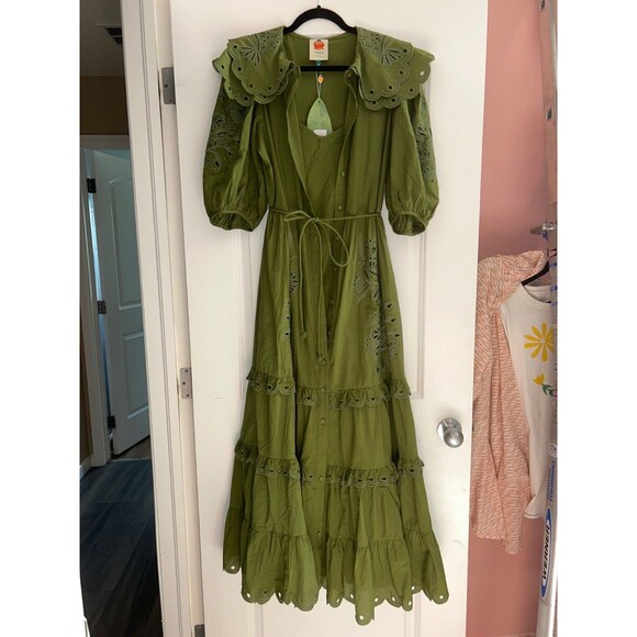 FARM RIO Humming Bird Richelieu Tiered Maxi Dress Size M NWT Green Forest Fairy - Picture 5 of 14